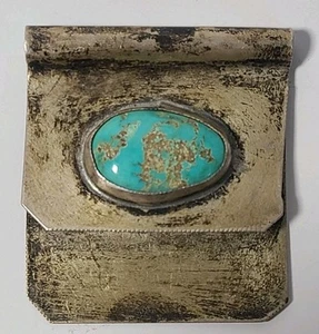 Vintage handgefertigte gealterte silberfarbene Geldklammer mit Türkis Cabochon (K8) - Bild 1 von 9