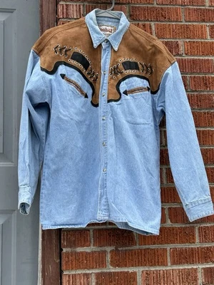 复古 RiverGold 衬衫牛仔西部珍珠扣麂皮绒 Rodeo 90 年代男式 M 码 — 第 1/4 张图片