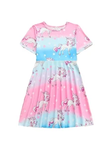 New Boutique Girls 6 Silky Soft Pink Blue Short Sleeve Ruffle Unicorn Dress - Picture 1 of 2