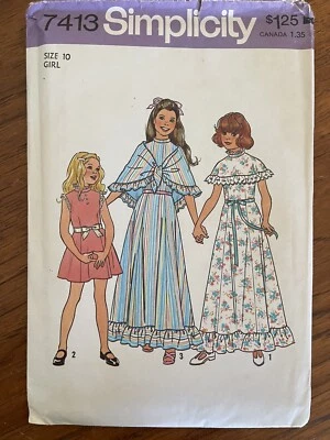 Simplicity 7413 UNCUT Sewing Pattern 70s Girls Cottagecore Prairie Dress Sz 10 - Image 1 of 2