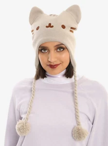 Pusheen The Facebook Gato Gorro Cara Orejas Bronceado Lapona Tejido Sombrero Gorra Borlas Nuevo con Etiquetas - Imagen 1 de 3