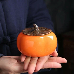 Ceramics Persimmon Small Tea Jar Storage Box Portable Sealed Porcelain Caddy - Picture 1 of 7