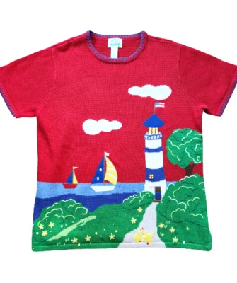 The Quacker Factory VTG. Short Sleeve Sweater Wmn's Plus 1X Lighthouse Seaside - Image 1 of 4