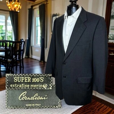 Corneliani Blazer Jacket Mens 40R 50 Italy Dark Gray Stripe Super 100s - Image 1 of 4