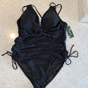 Black One Piece Swimsuit With Adjustable Straps & Side Ties Size XXL - Picture 1 of 4