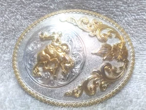 Nocona Silver Gold Bucking Bronco Oval Gold Flowers Great Vintage Condition - Picture 1 of 10