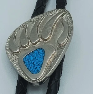 Southwestern Bear Claw C Bolo Tie w/ Coral & Blue Turquoise Chip Inlay Navajo - Bild 1 von 9