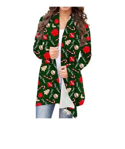 Women's Fashion Casual Chirstmas Print Medium Length Cardigan Jacket Coat US - Picture 1 of 9