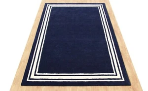 Border Harper Navy Blue Modern Hand-Tufted 100% Wool Soft Area Rug Carpet - Picture 1 of 12