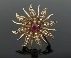 Antique Victorian 0.25ct Old Mine Cut Ruby & Natural Pearl 10K Gold Star Pin - Picture 1 of 8