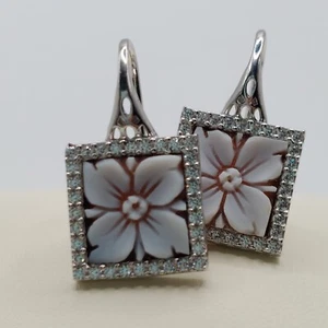 Cameo earrings, floral design, sterling silver, handmade, zircon - Picture 1 of 7