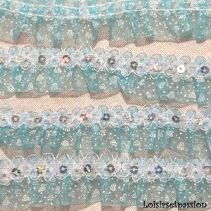 DENTELLE ORGANZA PLISSÉE 2 rangs COEURS PLUMETIS / BLEU CIEL * 25 mm * DF12 - Imagen 1 de 1