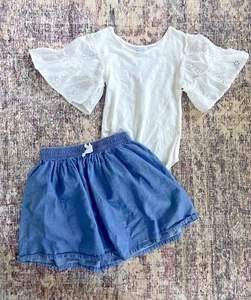 ZARA Girl 13-14 White Eyelet Bell Sleeve Bodysuit Boho & OshKosh B'gosh Skirt 12 - Picture 1 of 13