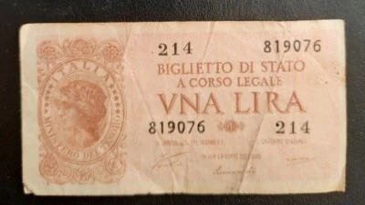 Billete de 1 Lira VNA LIRA ITALIA SEGUNDA GUERRA MUNDIAL NOVIEMBRE 1944 819076, CARTA.VALORI.Circulado Foto 1 de 2