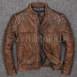 Vintage Distressed Brown Men Genuine Biker's Cow-Hide Leather Jacket - Picture 1 of 5