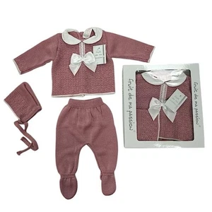 NEWBORN BABY KNITTED OUTFIT GIRLS SPANISH ROSE PINK PRAM SET IN GIFT BOX - Picture 1 of 2