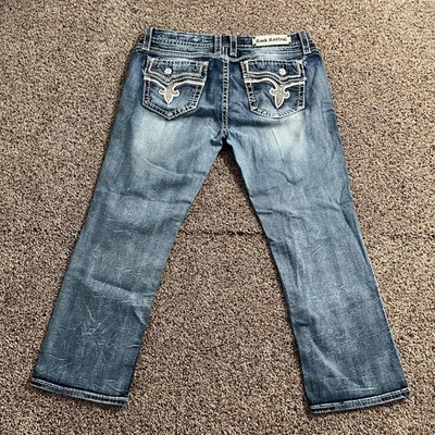 Pantalones de mezclilla Rock Revival Betty Capri para mujer 34 azul punto en contraste bordado Foto 1 de 4