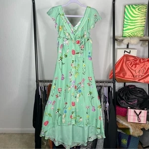 Parker Mint Green Floral High Low Garden Party Silk Blend Dress - Picture 1 of 6