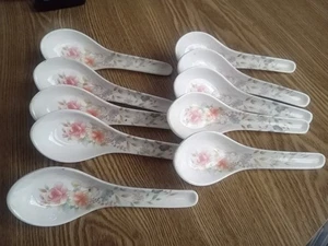 Vintage 10 chinesische japanische asiatische Suppe Porzellan Löffel Floral - Bild 1 von 3