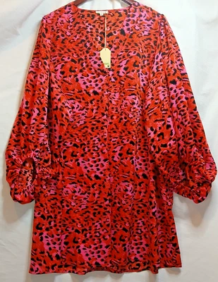 Jodifl 女式 1X 红色粉红色动物印花换装礼服气球袖全新带标签 — 第 1/4 张图片