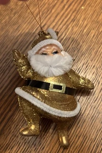 Vintage Glitter Gold Santa Ornament With Chenille Beard - Picture 1 of 8
