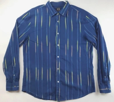 Armani Exchange Shirt Mens Large Blue Yellow Striped Long Sleeve Cotton - Image 1 of 4