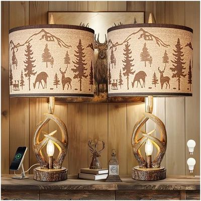 Antlers Style Table Lamp Set of 2 Rustic Bedside Lamp with Night Light Linen ... - Image 1 of 4