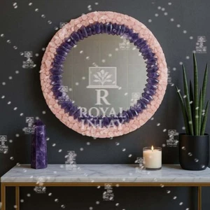 24" Rosenquarz & Amethyst Kristall Spiegel Boho-Chic runder Wandspiegel für Schlafzimmer - Bild 1 von 8
