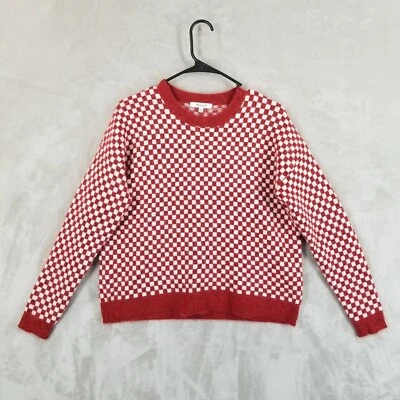 Madewell 毛衣女式 XS 红色棋盘提花套衫羊驼羊毛 Crew — 第 1/4 张图片