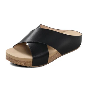 US Womens Cork Slide Sandals Open Toe Platform Criss Cross Flat Sandals - Picture 1 of 37