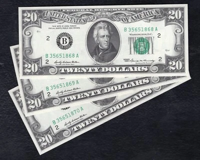 (3) CONSECUTIVE 1969 $20 FRN FEDERAL RESERVE NOTES NEW YORK, NY GEM UNC. - Image 1 of 2