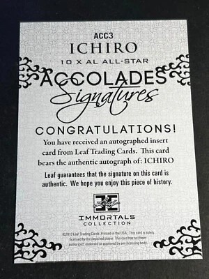 2013 Leaf Ichiro Immortals BLANK FRONT MISSING AUTOGRAPH & Serial # Accolades #3 - Image 1 of 2