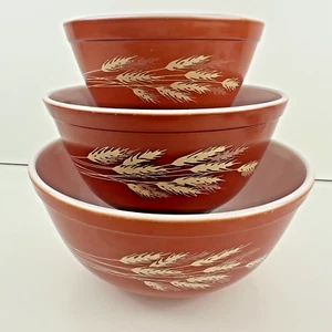 PYREX Autumn Harvest Wheat Nesting Mixing Bowls 443, 442, 441 Set of 3 Vintage - Picture 1 of 22