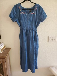 Vintage ERIKA Floral Embroidered Denim Midi Dress—Size Large - Picture 1 of 10