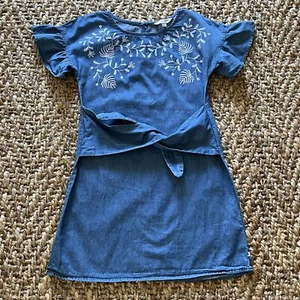 Lucky Brand Chambray Dress Girls M Blue White Embroidery Flutter Sleeve Tie Frnt - Picture 1 of 14