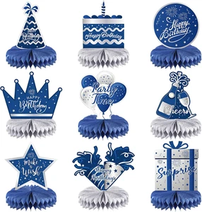9 Pieces Happy Party Honeycomb Decorations Blue Silver Birthday Table Centerpiec - Picture 1 of 7
