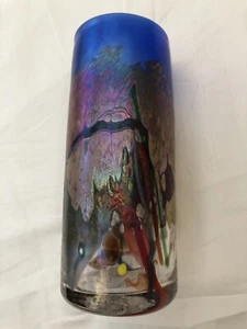 Jarrón cilíndrico de vidrio soplado a mano abstracto multicolor azul iridiscente vintage usado en excelente estado - Imagen 1 de 10