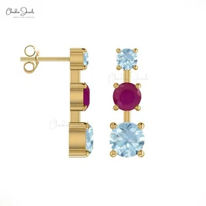 1.64 CTW Ruby & Aquamarine Three Stone Stud Earrings in 14K Solid Gold Jewelry - Picture 1 of 23