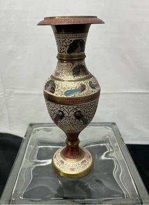 Decorative Glass Pattern Brass Flower Vase Home Décor White - Image 1 of 4