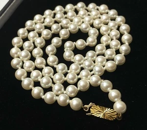 Vintage Quality 23” Long Glass Pearl Hallmarked 9ct Gold Clasp Knotted Necklace - Picture 1 of 14