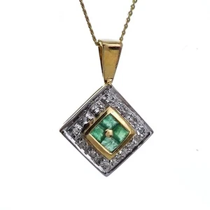 9ct Emerald Diamond Necklace Yellow Gold 0.19ct Green Square Natural Gift - Picture 1 of 21
