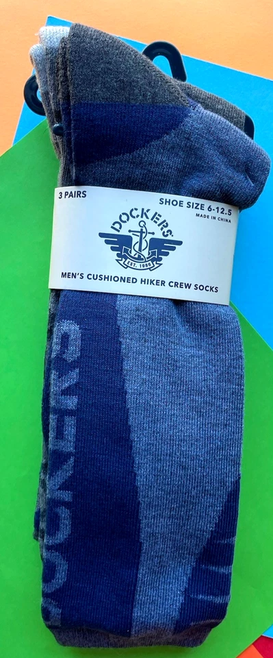 МУЖСКИЕ DOCKERS носки 3 пары туристический экипаж синий и серый дизайн мягкий амортизированный новый с Ярлыками - Изображение 1 из 4