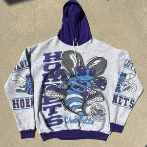Vintage Rare 90s Charlotte Hornets AOP Hoodie XL - Picture 1 of 8