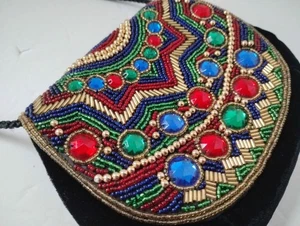 SORPRESA Vintage Black Velvet Purse Multicolor Beads and Gems Cross Over Rope - Picture 1 of 21