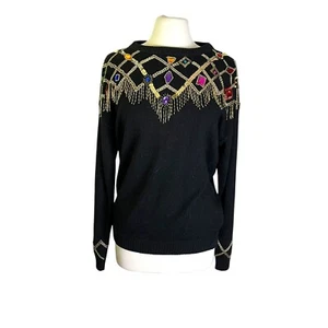 Vintage 80er 90er Sheridan Square Seide Angora Strass Gold Perlen Pullover Large - Bild 1 von 5