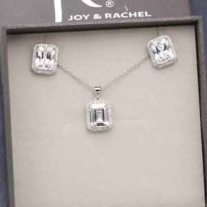 925 Silber CZ Pave Smaragdschliff Heiligenschein Fassung Halskette Ohrring Schmuck Set - Bild 1 von 4