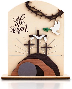 He Is Risen Wooden Easter Decor – Christian Resurrection Scene with Empty Tomb & - Picture 1 of 12