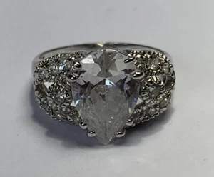 Sterling Silver 925 Teardrop And Round Clear CZ Statement Ring Size 7.75 - Picture 1 of 7