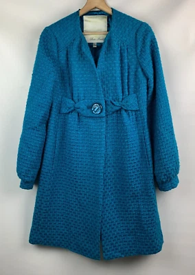 Beth Bowley Coat Blue Turquoise Tweed Collarless Button Pockets Lined Size 6 Foto 1 de 4