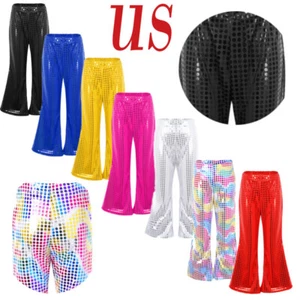 Kids Girls Shiny Sequin Dance Pants Wide Leg Bell-Bottoms Trousers Dance Trouser - Picture 1 of 91